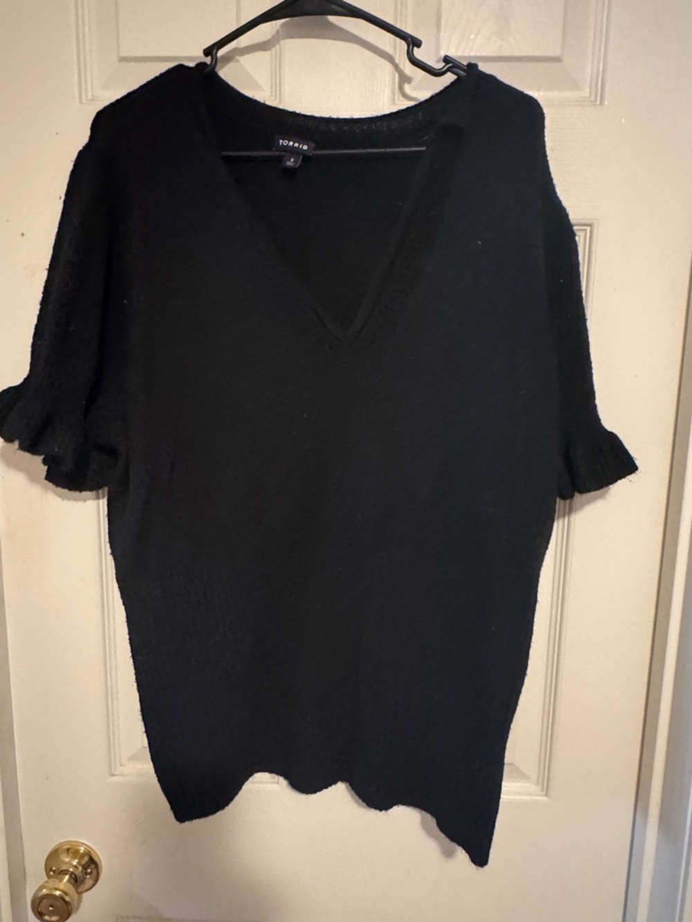 torrid Black V-Neck Short Sleeve Top with Ruffle Edge